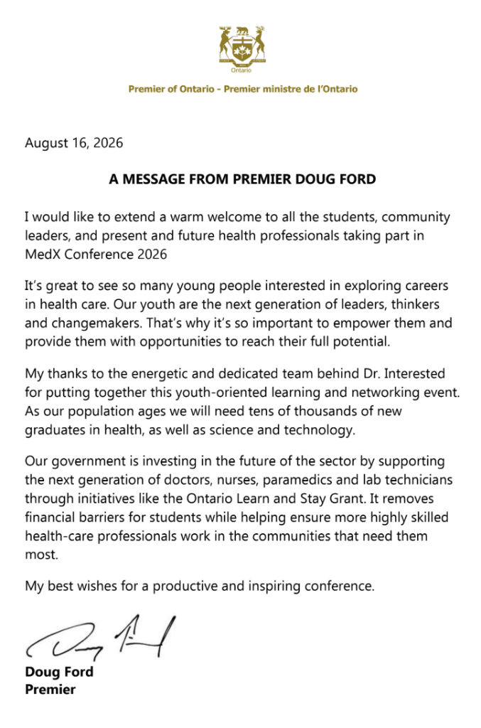 Official letter from Premier Doug Ford for MedX Conference 2026